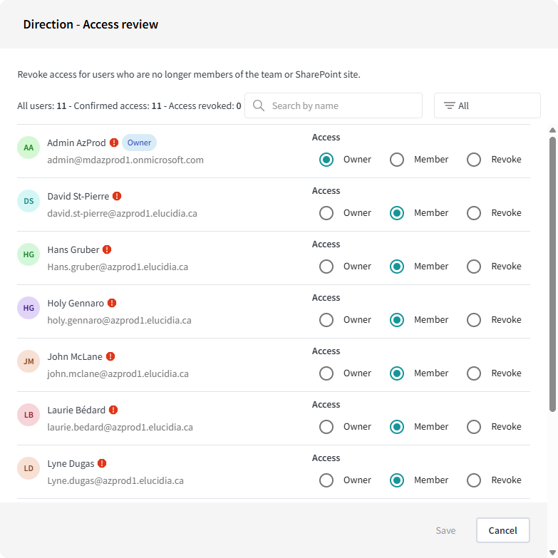 A WeActis access review for a site, listing each member with the choice of keeping them as owner, as member, or revoking their access.