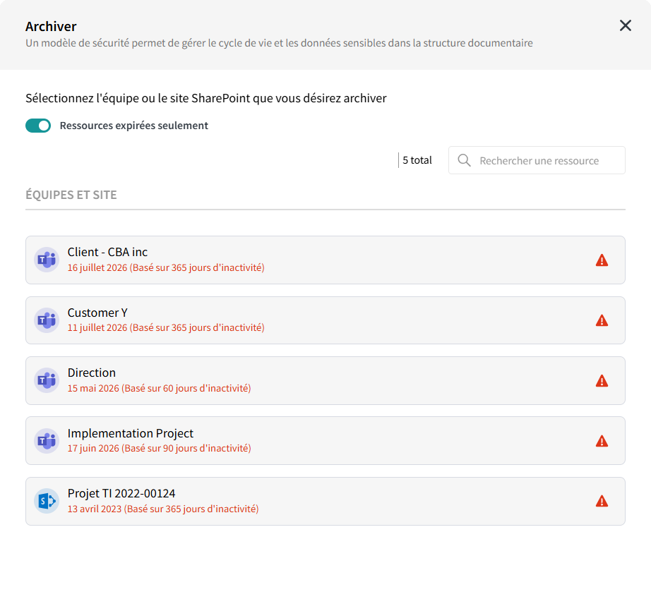 La fenêtre d'archivage de WeActis, qui liste les sites Teams et SharePoint expirés qu'un propriétaire peut archiver, avec la période d'inactivité qui a signalé chacun d'eux.
