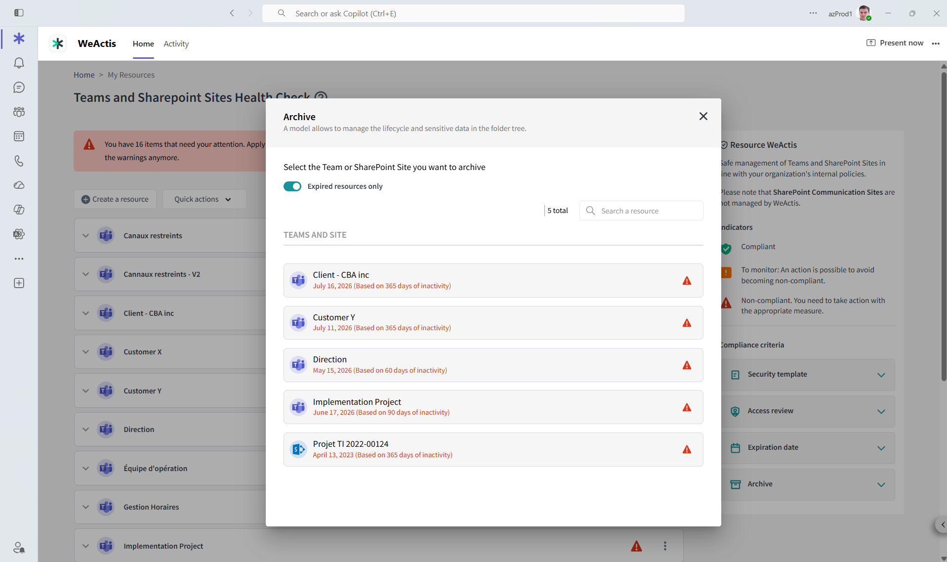 The WeActis archiving dialog open over the health check, listing the expired Teams and SharePoint sites an owner can archive with the inactivity period that flagged each one.