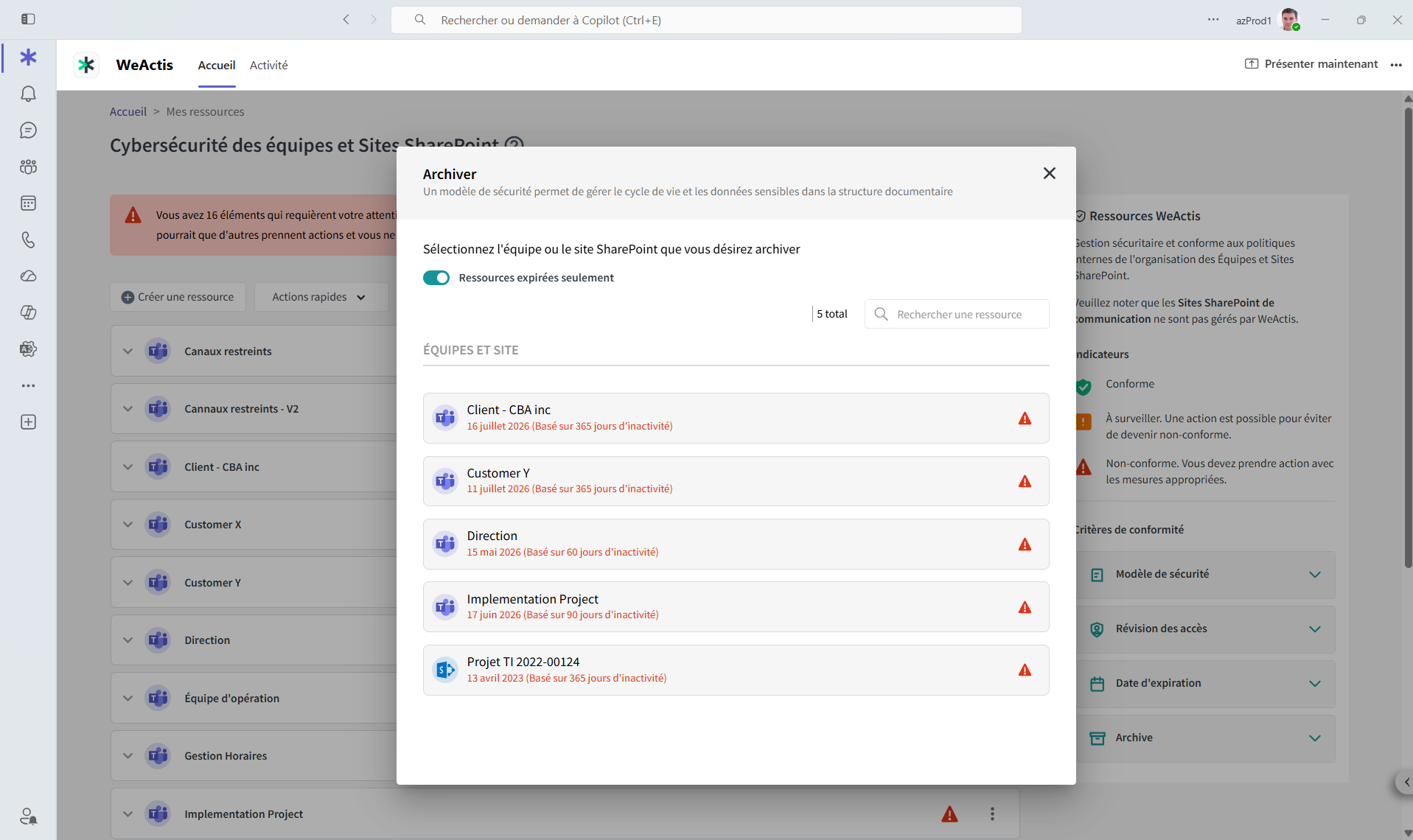 La fenêtre d'archivage de WeActis ouverte par-dessus le bilan de santé, qui liste les sites Teams et SharePoint expirés qu'un propriétaire peut archiver, avec la période d'inactivité qui a signalé chacun d'eux.