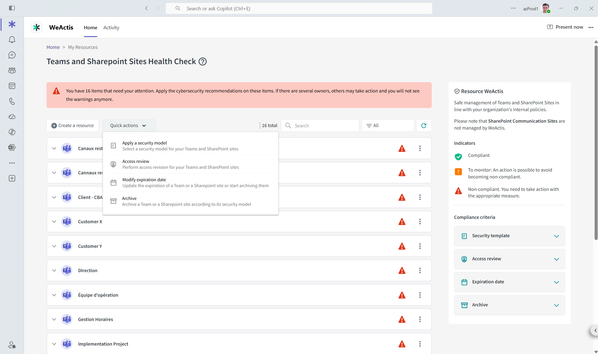 The WeActis health check for Teams and SharePoint sites, with the quick actions menu open on applying a security model, running an access review, changing the expiration date and archiving.