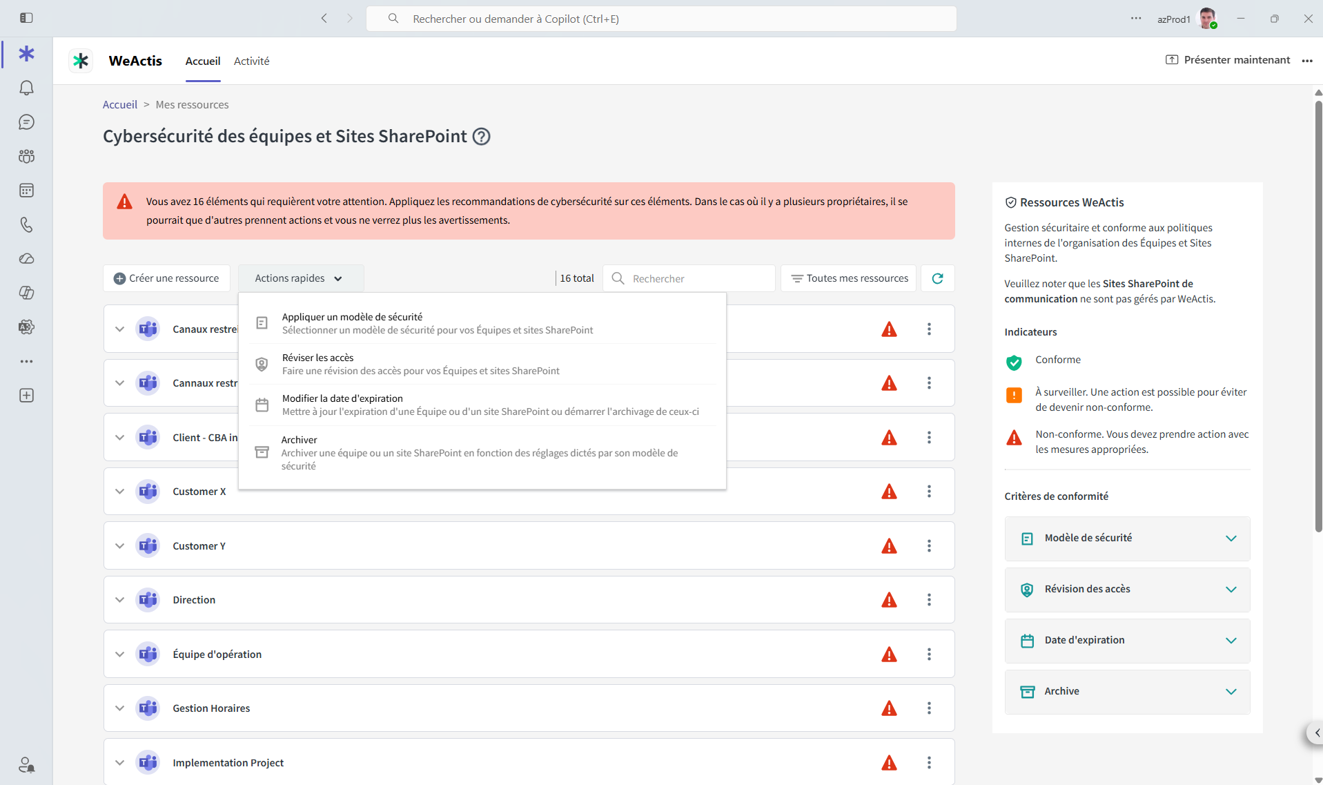 Le bilan de santé WeActis des sites Teams et SharePoint, avec le menu d'actions rapides ouvert sur l'application d'un modèle de sécurité, la révision des accès, la modification de la date d'expiration et l'archivage.