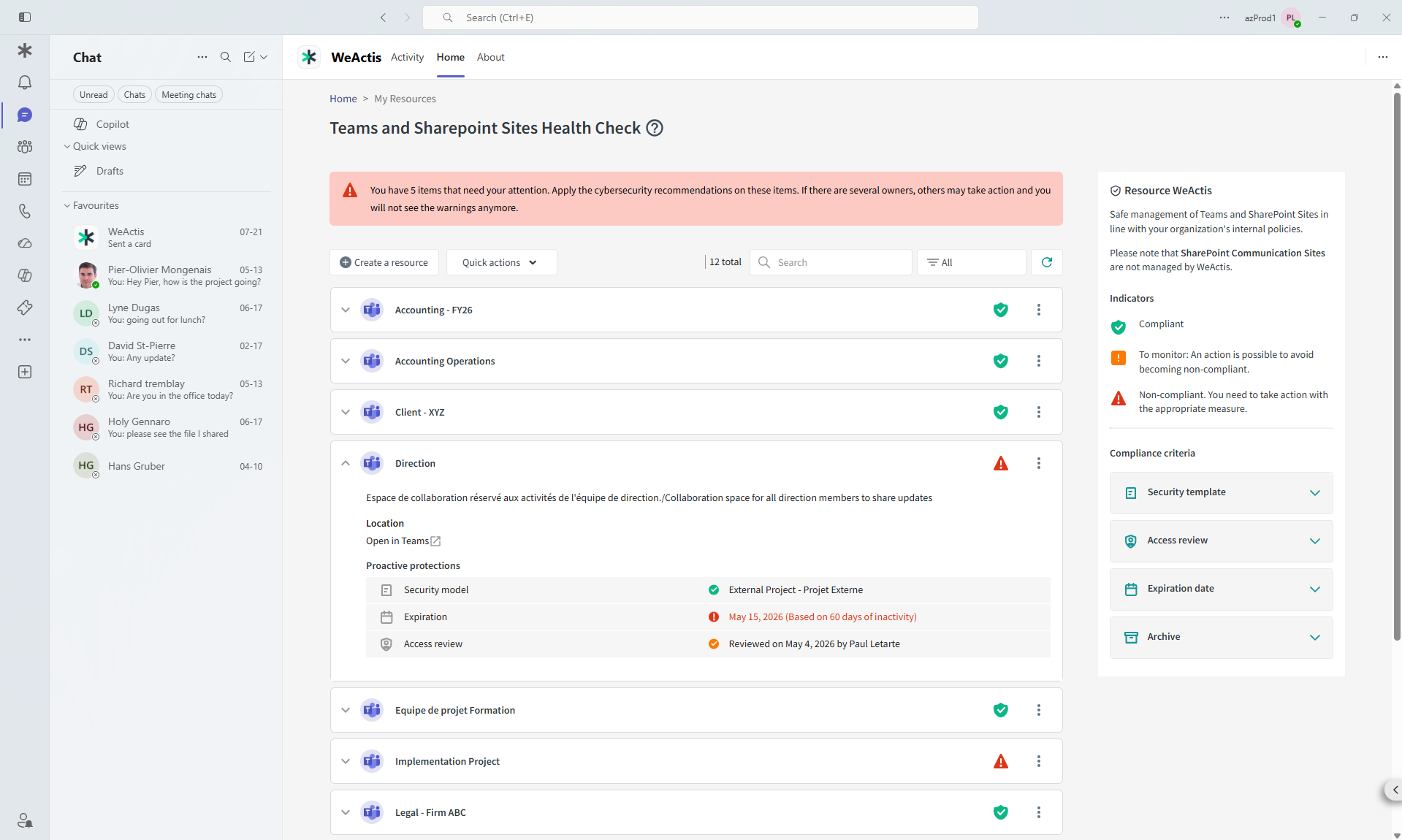The WeActis health check for Teams and SharePoint sites, listing each site an owner is responsible for with its compliance, expiration and archiving status.