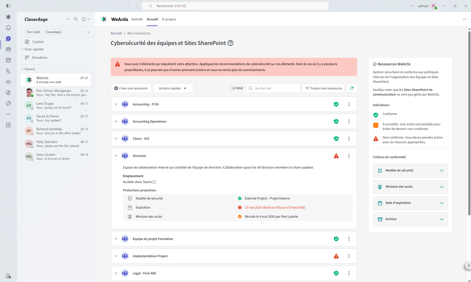 Le bilan de santé WeActis des sites Teams et SharePoint, qui liste chaque site dont un propriétaire est responsable avec son statut de conformité, d'expiration et d'archivage.
