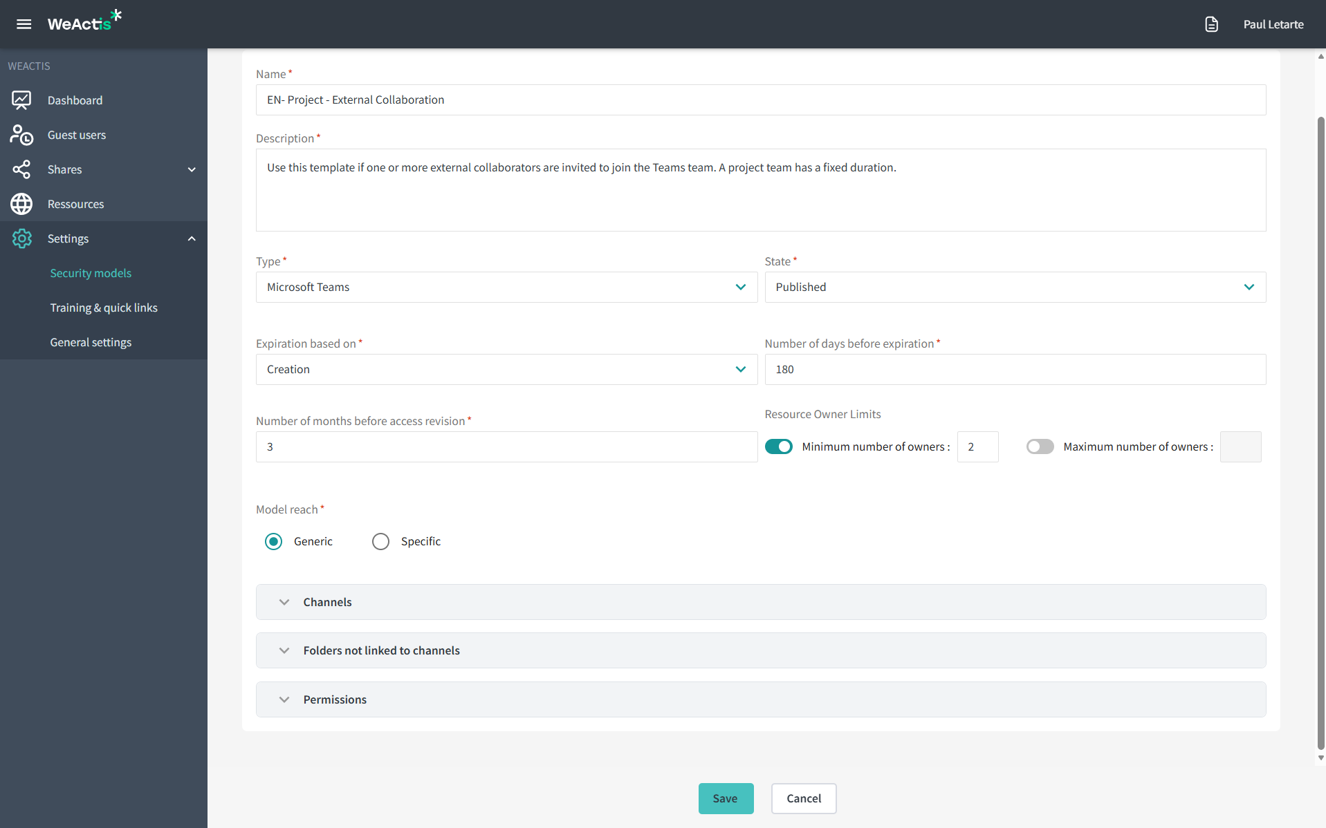 An administrator editing a WeActis Security Model, with the permissions, folder structure and expiration fields open for change.