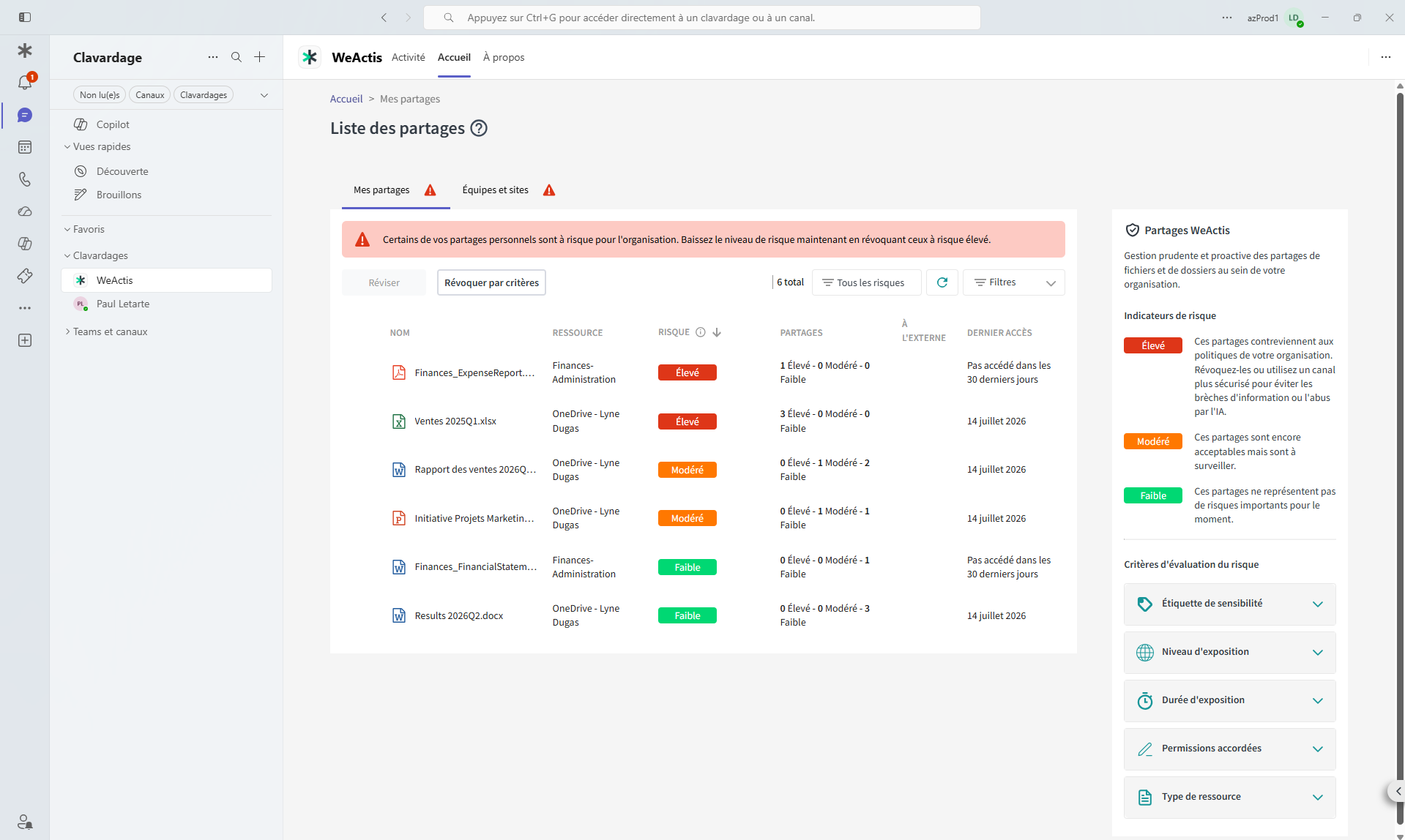 Liste des partages WeActis dans Microsoft Teams, triée par risque