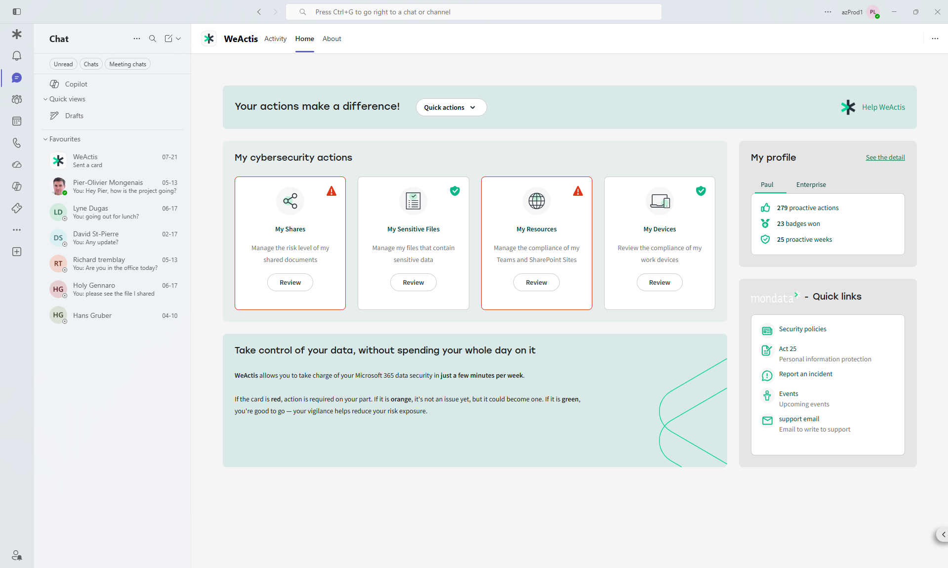 The WeActis app open on its Home tab inside Microsoft Teams, beside the Teams chat list, showing an employee's cybersecurity actions and profile.