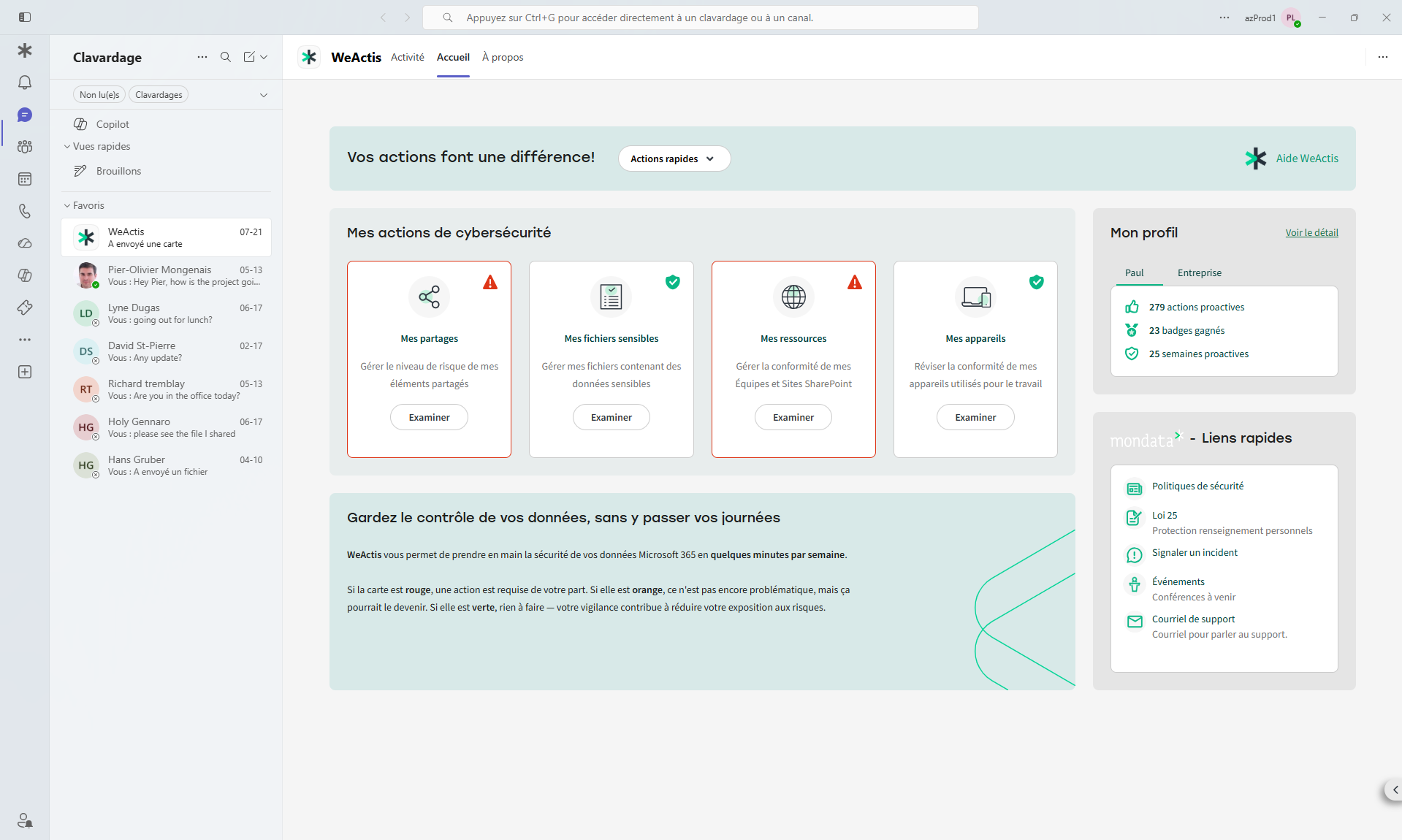 L'application WeActis ouverte sur son onglet Accueil dans Microsoft Teams, à côté de la liste des conversations, montrant les actions de cybersécurité et le profil d'un employé.